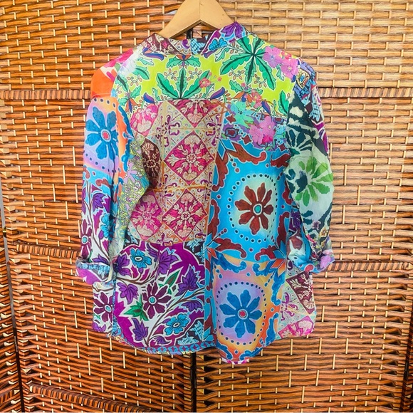 Johnny Was Floral Print Patchwork Cupra Rayon Tunic Blouse - Picture 2 of 5